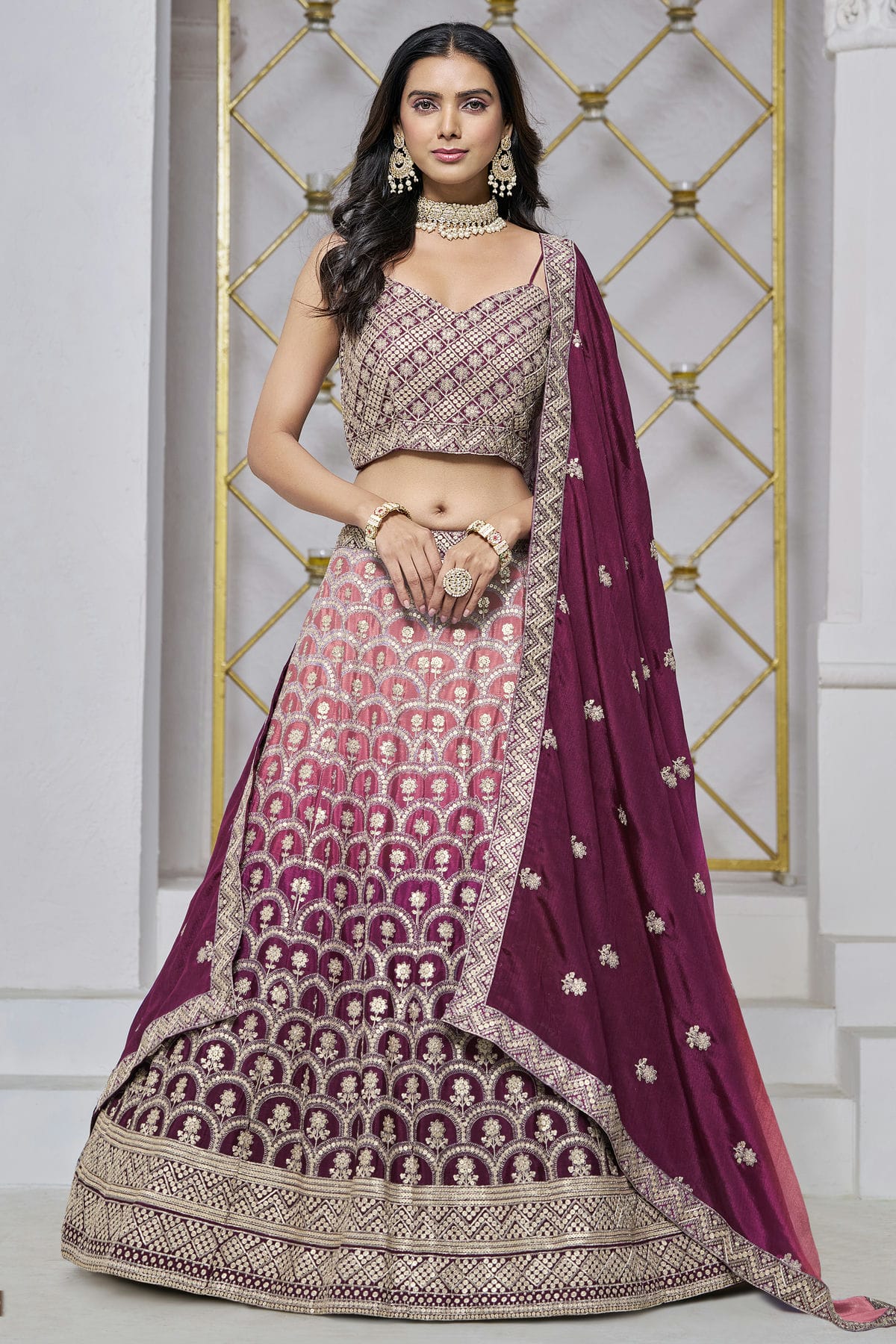 Wine Colour Embroidery Lehenga Choli In Chinon Fabric