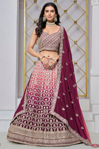 Wine Colour Embroidery Lehenga Choli In Chinon Fabric