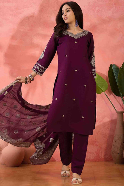 Wine Colour Embroidery Roman Silk Pant Style Suit VSSS1113517