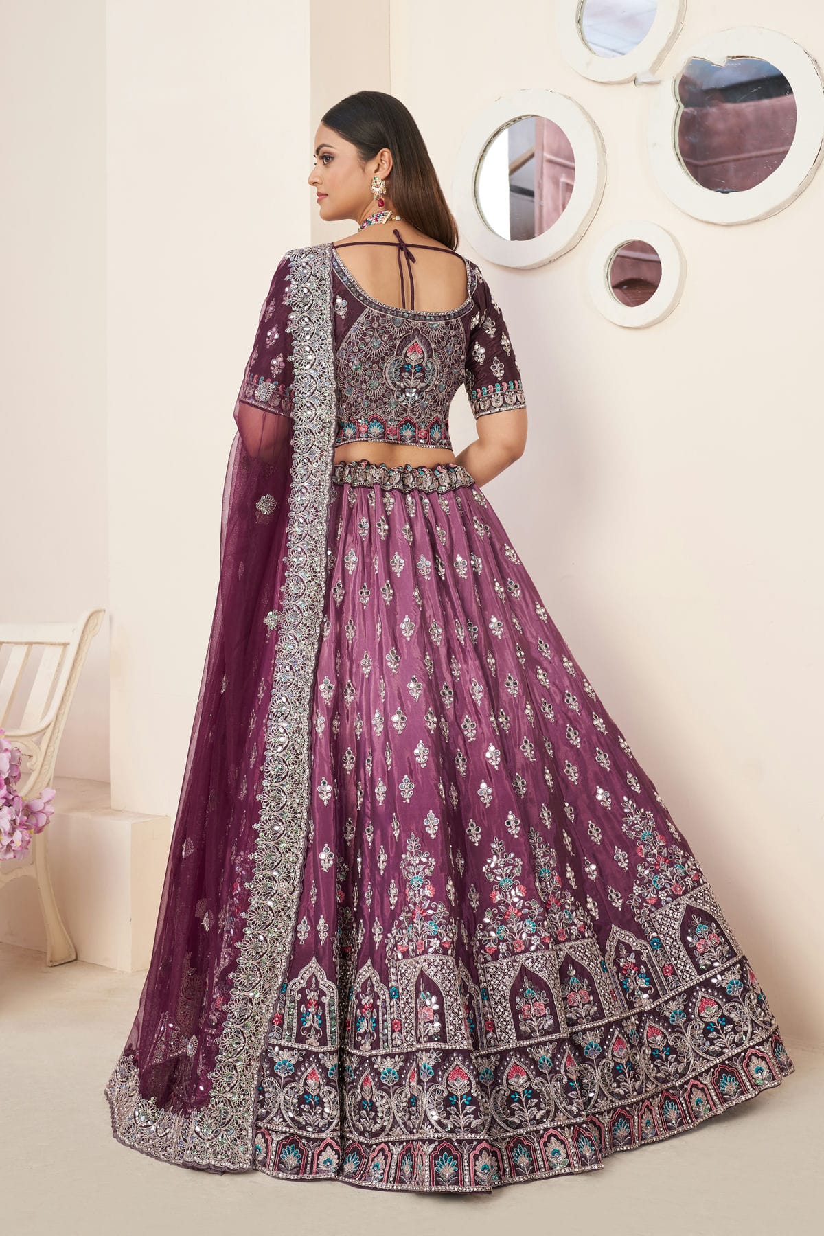 Wine Colour Embroidery Satin Lehenga Choli VSLD1080857
