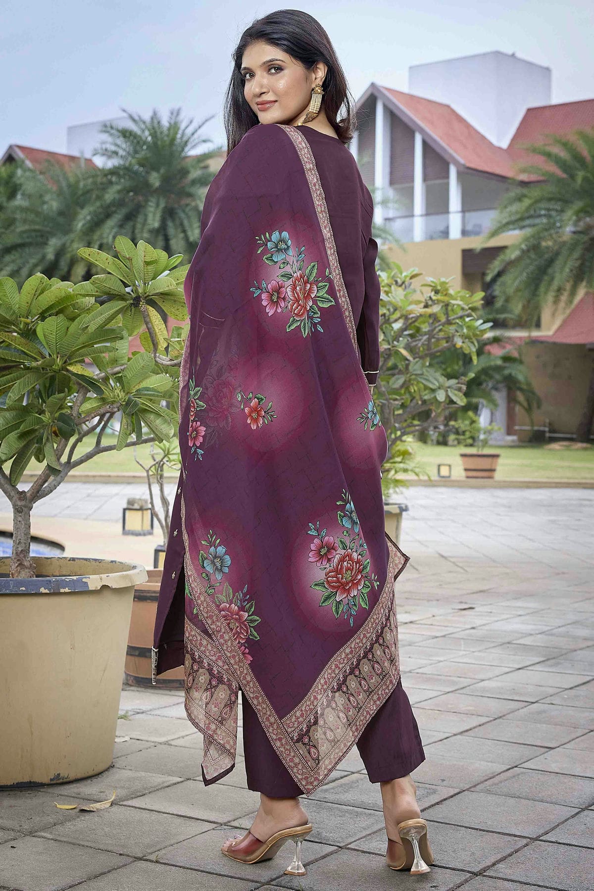 Wine Colour Embroidery Viscose Chanderi Pant Style Suit VSSS1113464