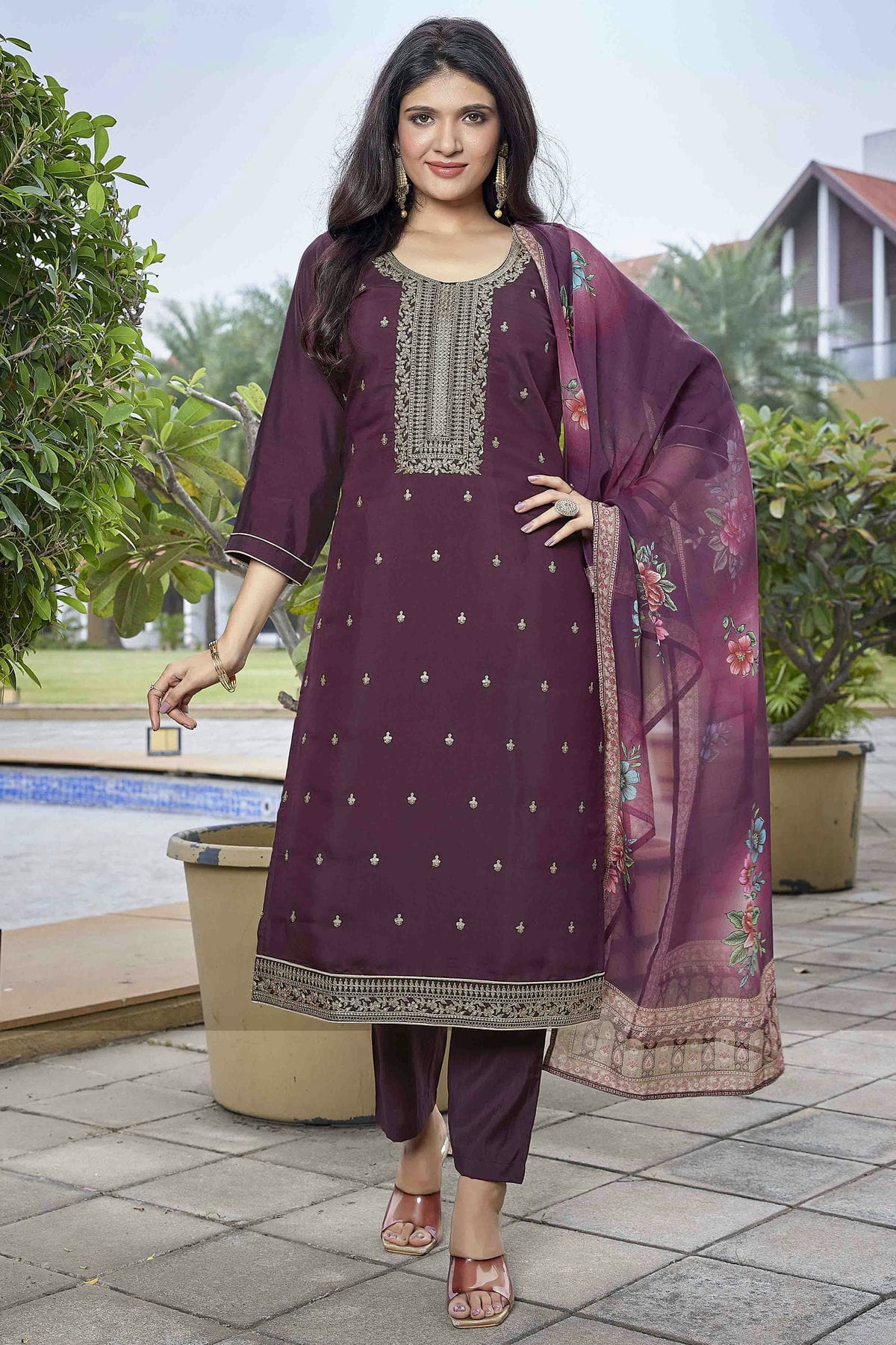 Wine Colour Embroidery Viscose Chanderi Pant Style Suit VSSS1113464