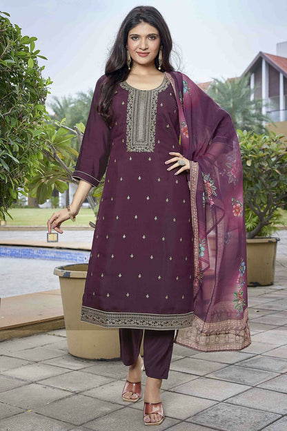 Wine Colour Embroidery Viscose Chanderi Pant Style Suit VSSS1113464