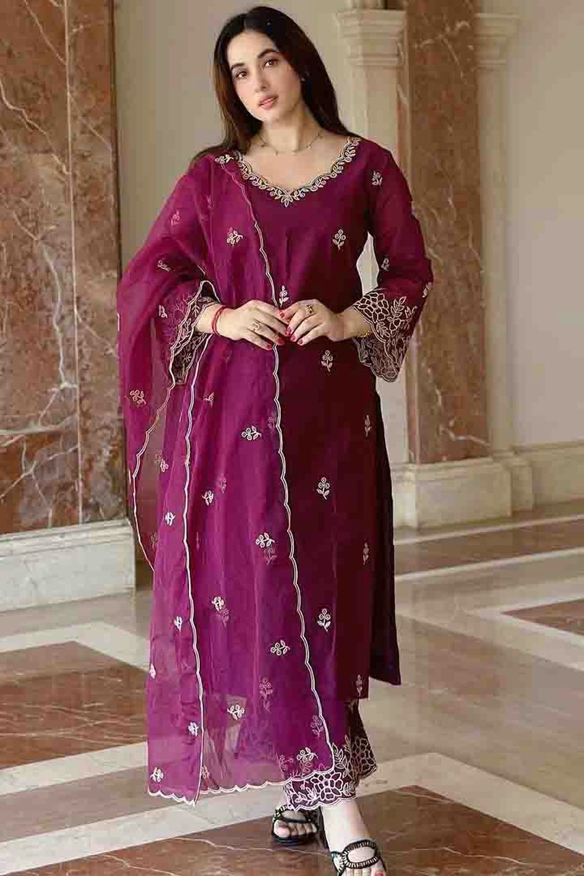 Wine Colour Embroidery Viscose Silk Pant Style Suit VSSS1113490