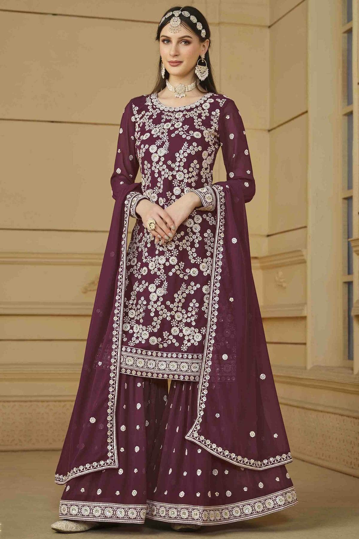 Wine Colour Faux Georgette Sharara Suit VSSM1050732