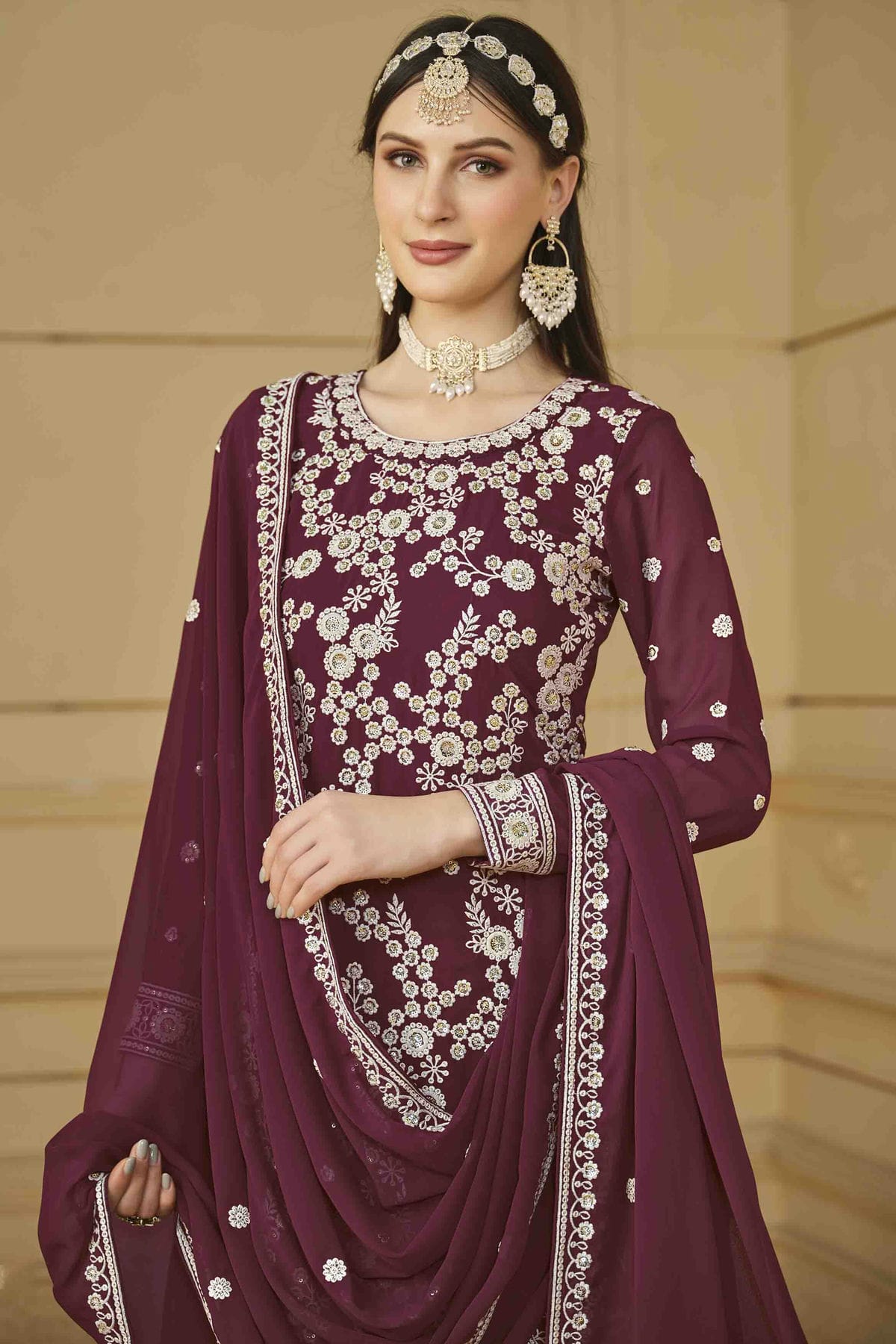 Wine Colour Faux Georgette Sharara Suit VSSM1050732
