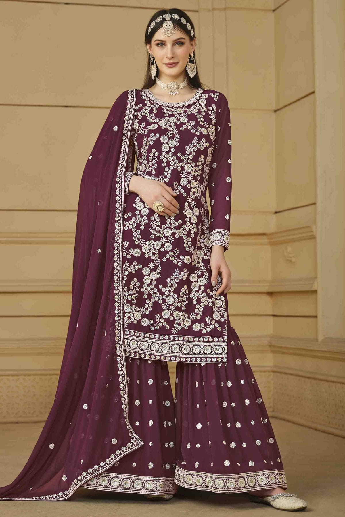 Wine Colour Faux Georgette Sharara Suit VSSM1050732