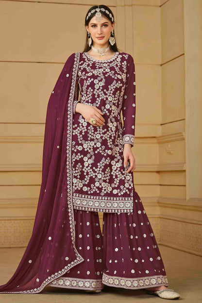 Wine Colour Faux Georgette Sharara Suit VSSM1050732