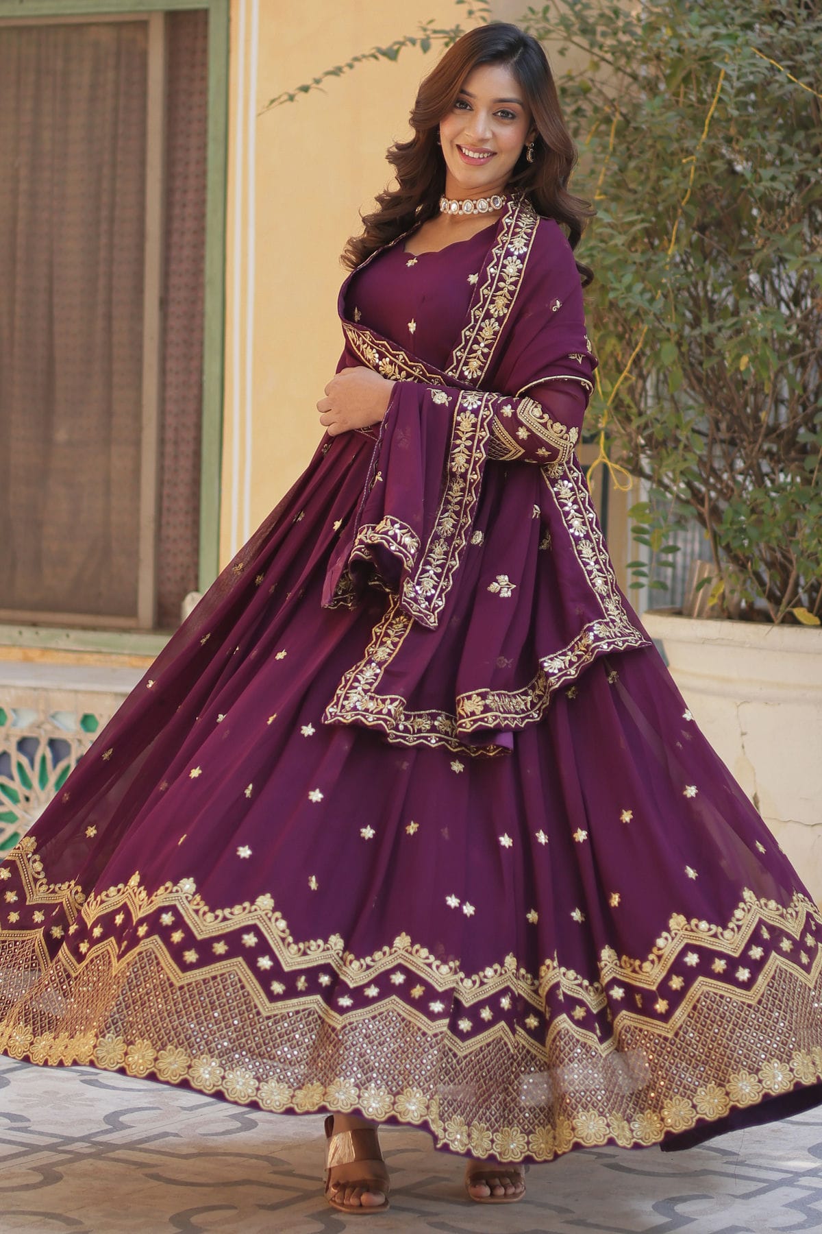 Wine Colour Faux Georgette Stitched Gown VSGW1112340