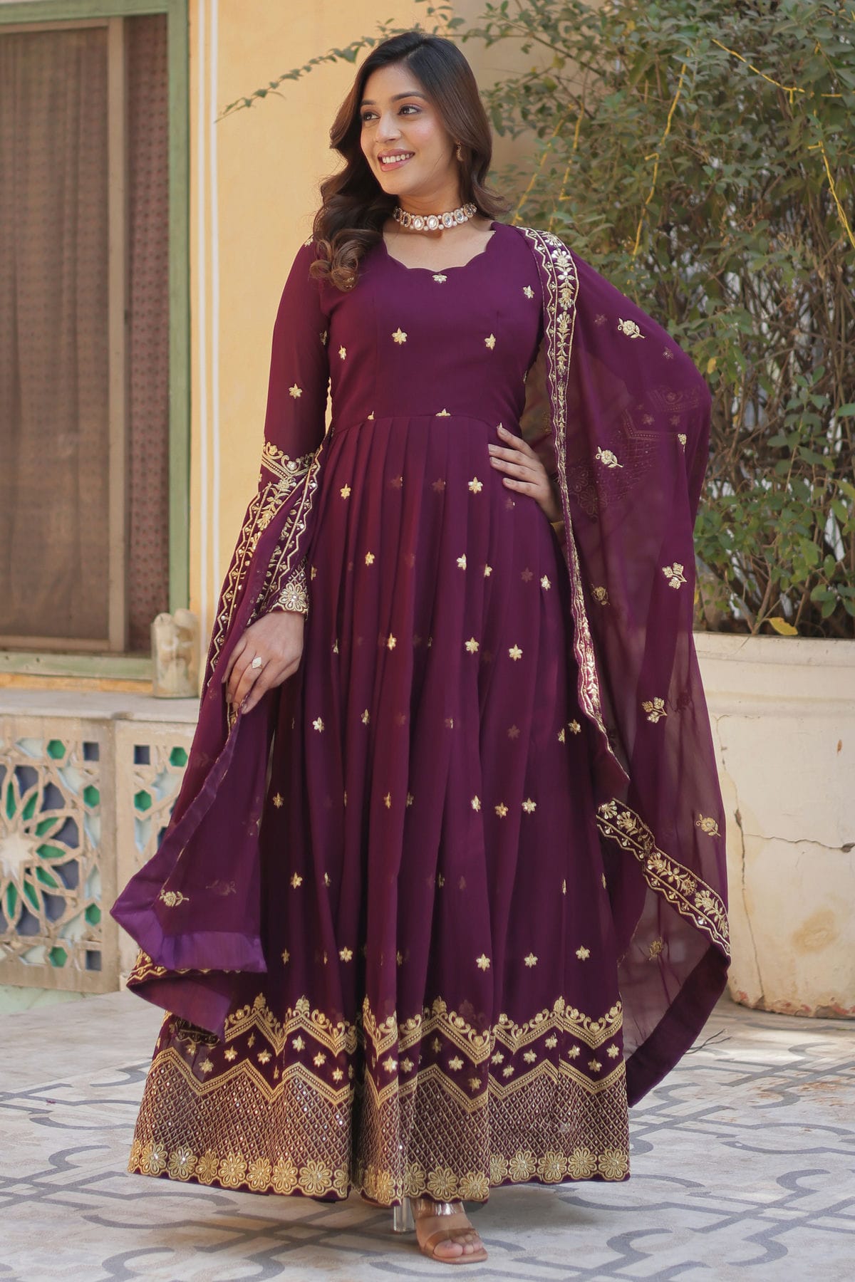 Wine Colour Faux Georgette Stitched Gown VSGW1112340