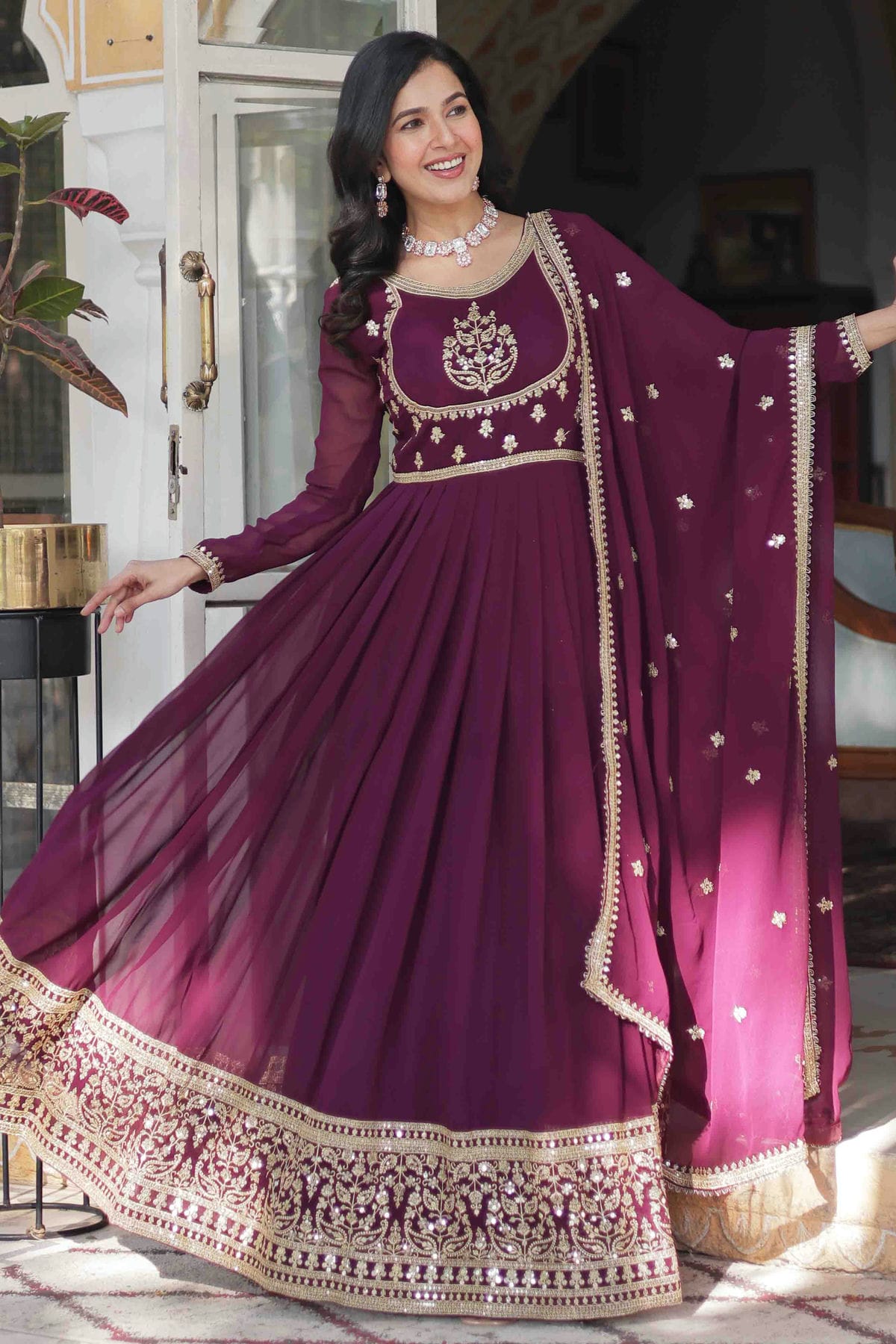 Wine Colour Faux Georgette Stitched Gown VSGW1113002