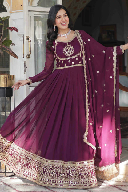 Wine Colour Faux Georgette Stitched Gown VSGW1113002