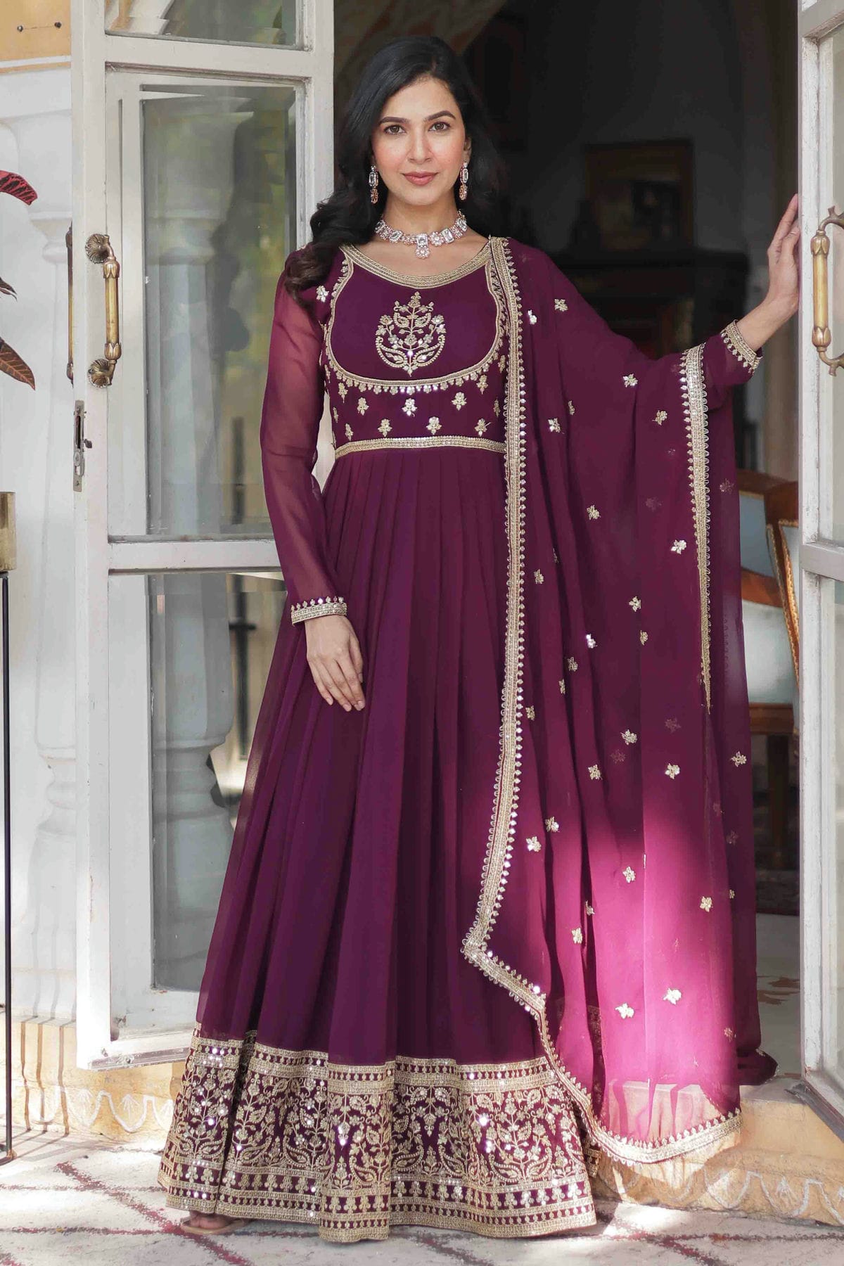 Wine Colour Faux Georgette Stitched Gown VSGW1113002