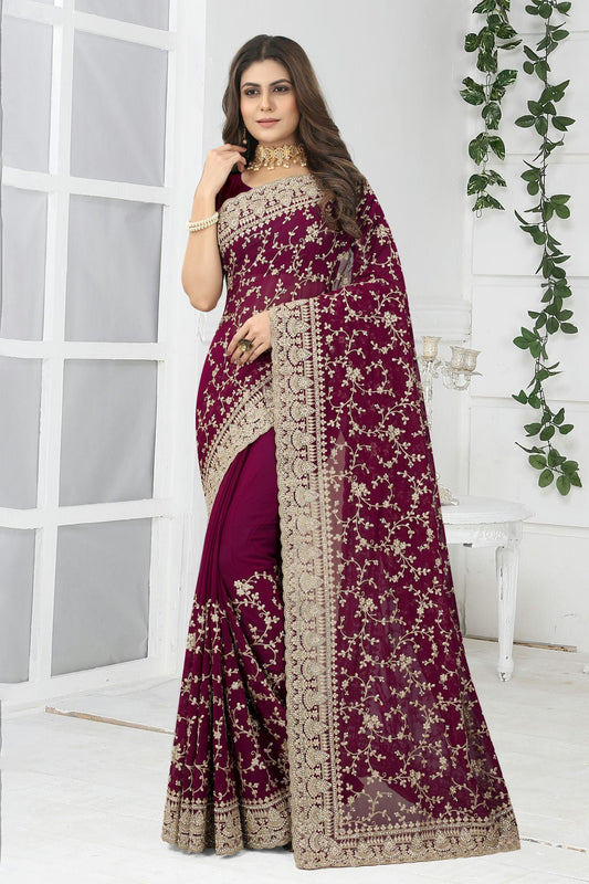 Wine Colour Georgette Designer Saree