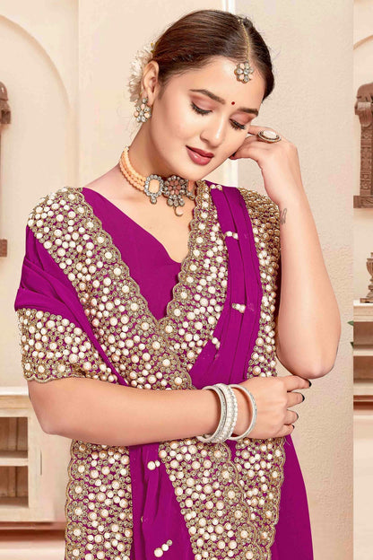 Wine Colour Georgette Embroidery Work Designer Saree VSSD1091246