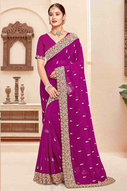 Wine Colour Georgette Embroidery Work Designer Saree VSSD1091246