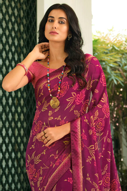 Wine Colour Georgette Printed Saree VSSD1180053