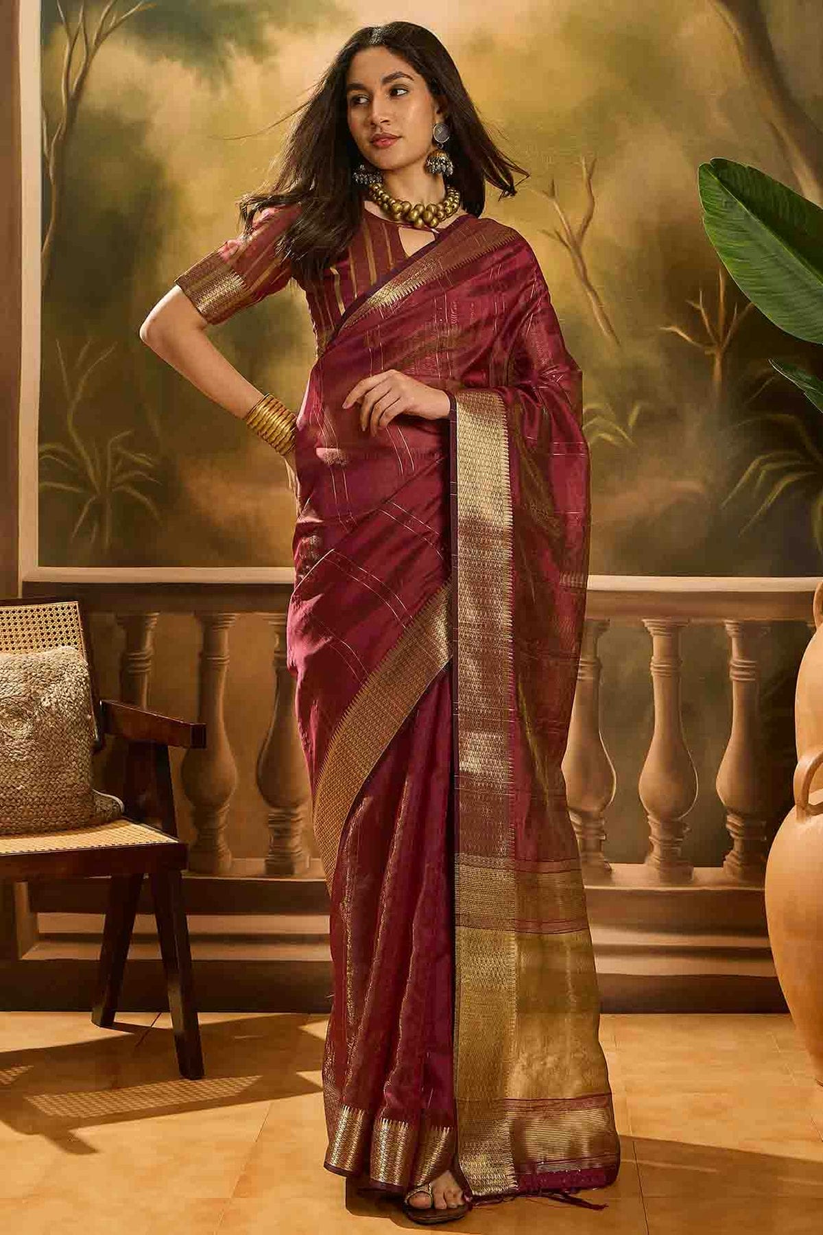 Wine Colour Khadi Organza Traditional Saree VSSD1113873