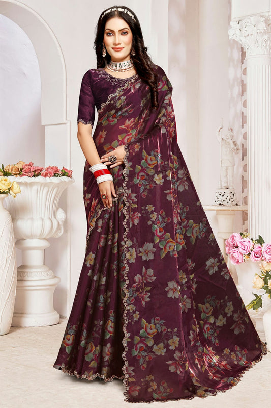 Wine Colour Organza Silk Designer Saree