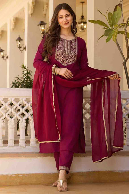 Wine Colour Rayon Stitched Pant Style Suit VSSS1113786