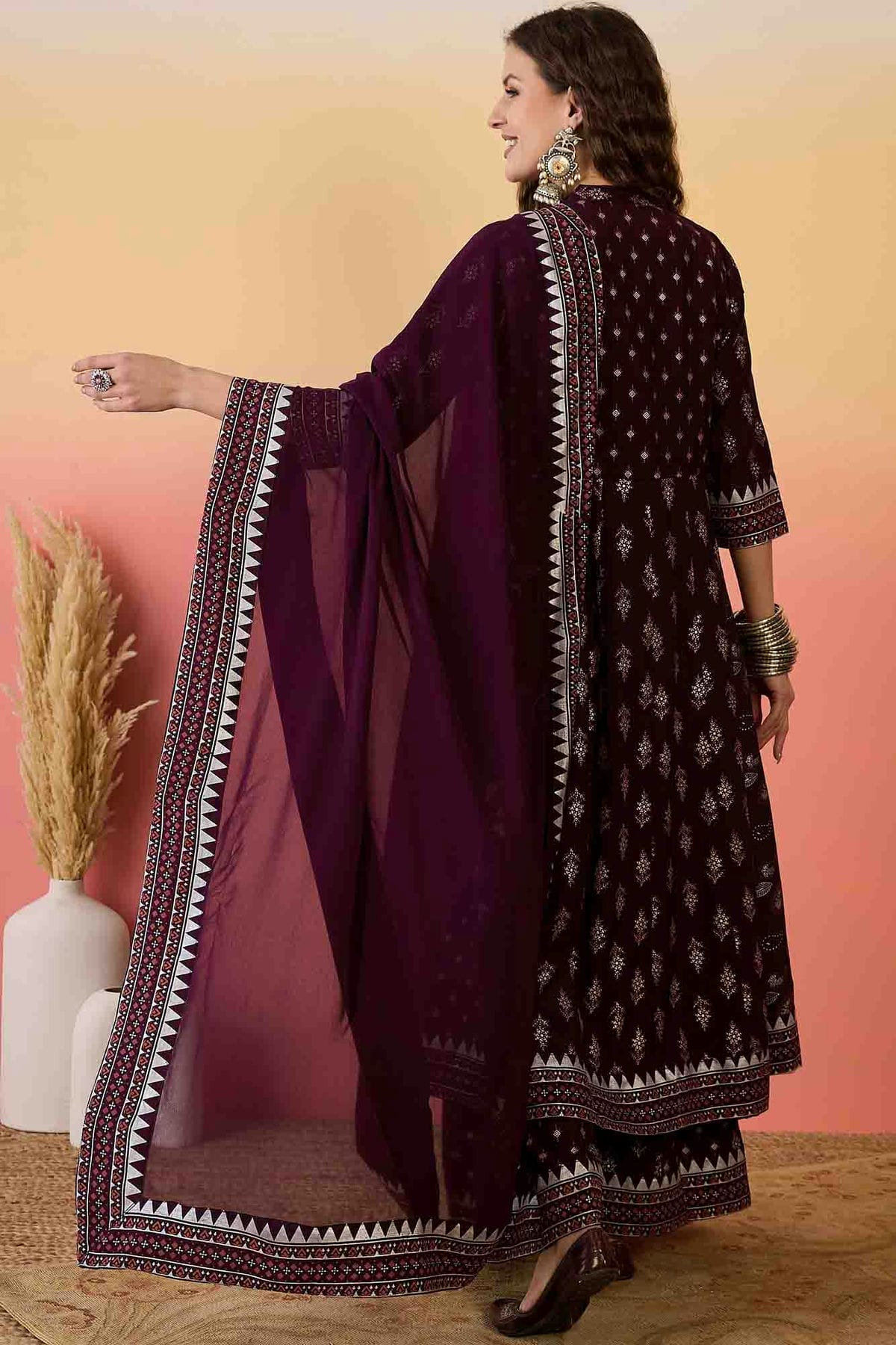 Wine Colour Roman Silk Stitched Palazzo Pant Suit VSSS1113934