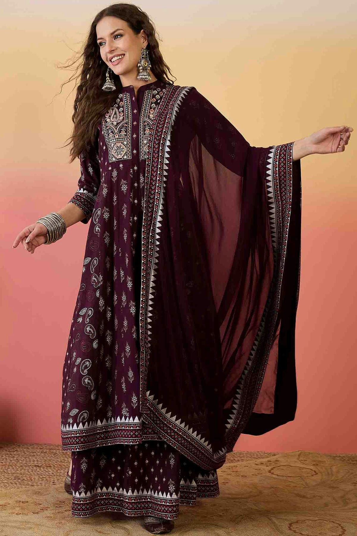 Wine Colour Roman Silk Stitched Palazzo Pant Suit VSSS1113934