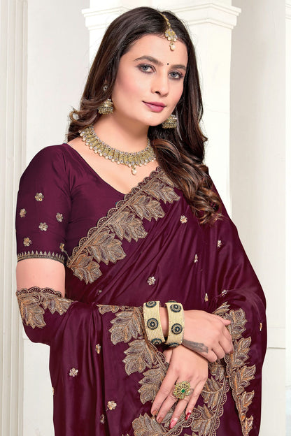 Wine Colour Satin Designer Saree