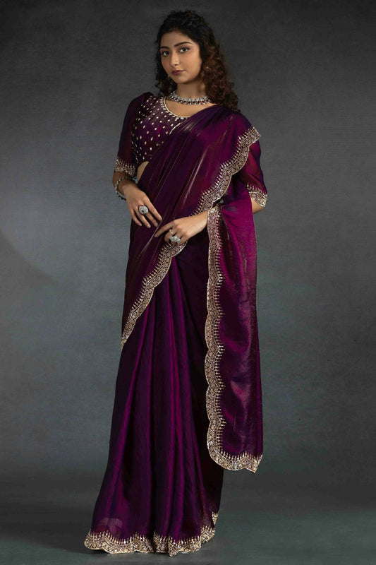 Wine Colour Satin Silk Designer Saree VSSD1122004