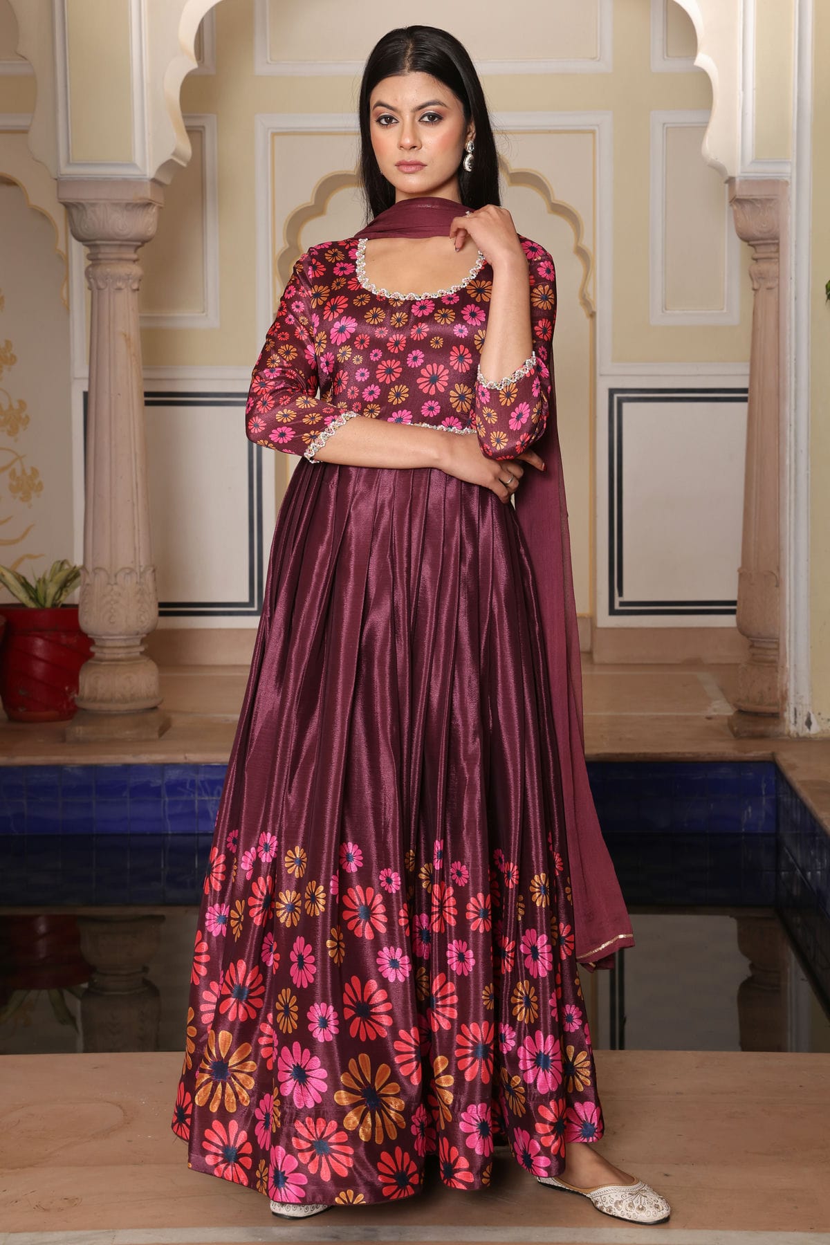 Wine Colour Semi Stitched Chinon Silk Anarkali Suit VSSM1170038