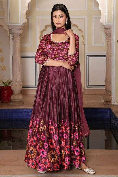 Wine Colour Semi Stitched Chinon Silk Anarkali Suit VSSM1170038