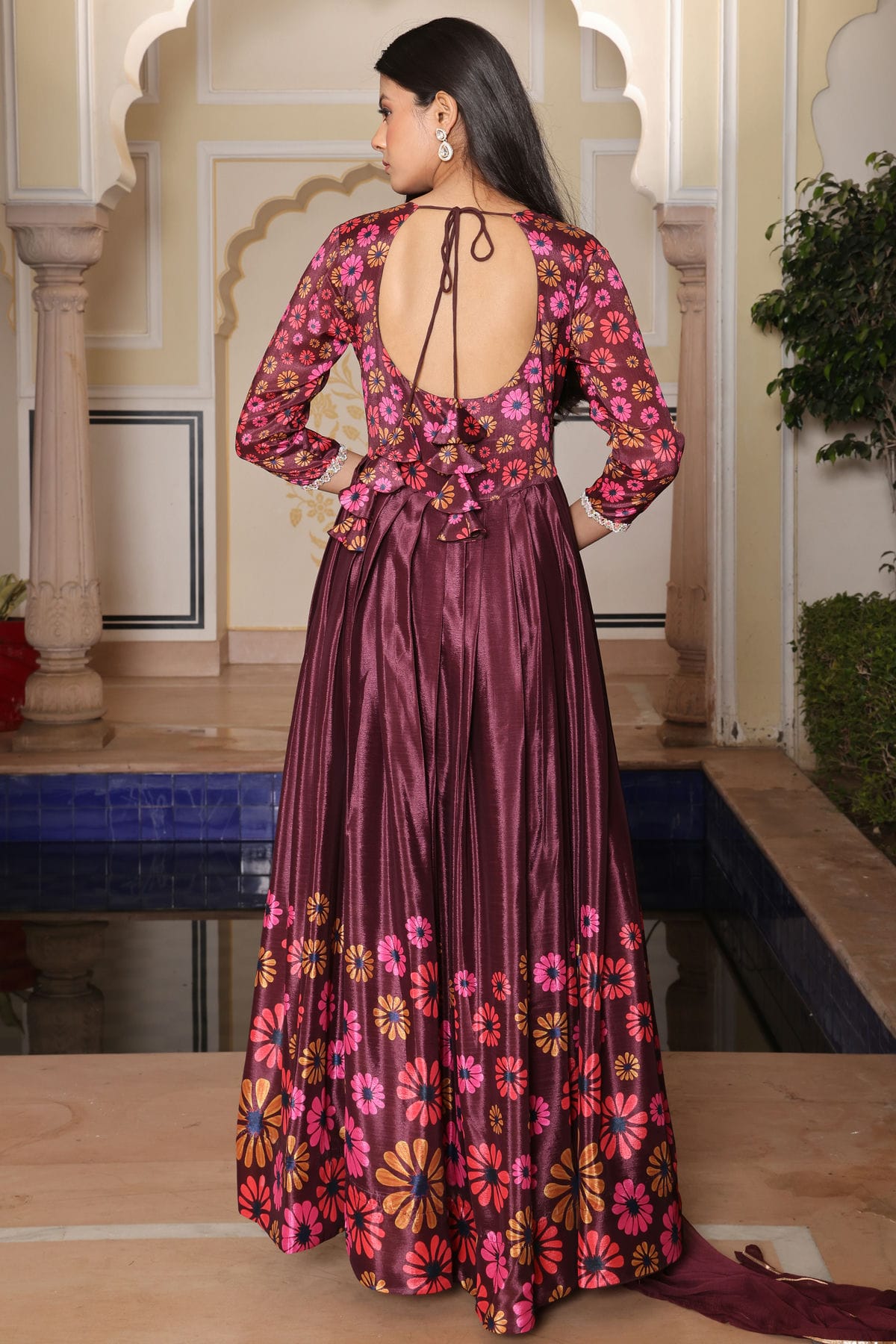 Wine Colour Semi Stitched Chinon Silk Anarkali Suit VSSM1170038