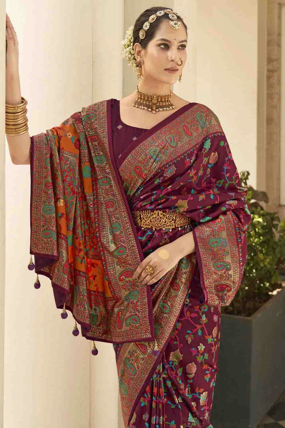Wine Colour Velvet Tussar Silk Floral Printed Traditional Sarees VSSD1113755