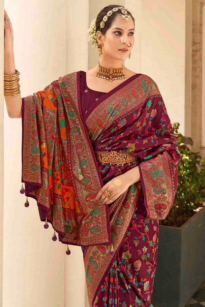 Wine Colour Velvet Tussar Silk Floral Printed Traditional Sarees VSSD1113755