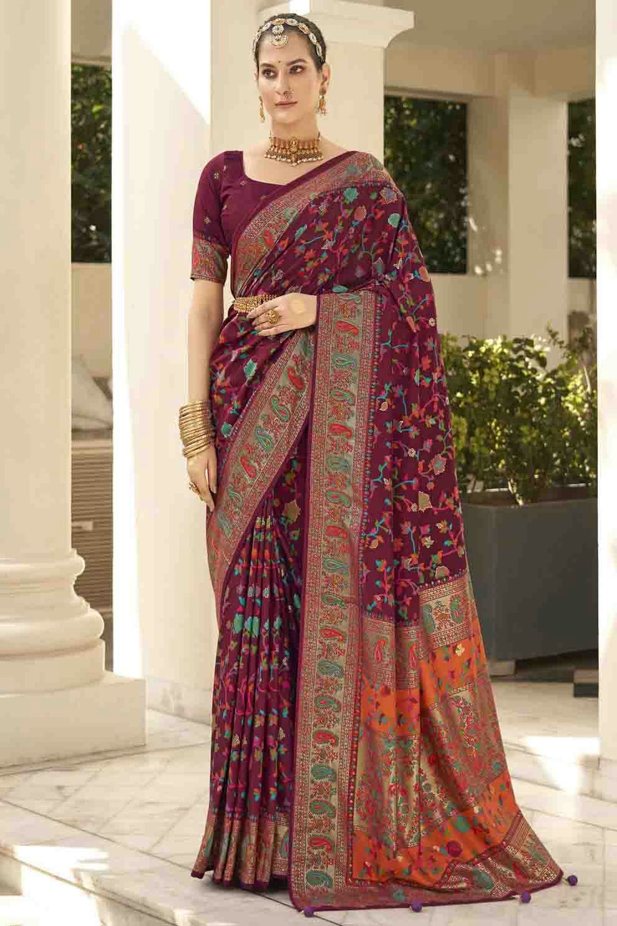 Wine Colour Velvet Tussar Silk Floral Printed Traditional Sarees VSSD1113755