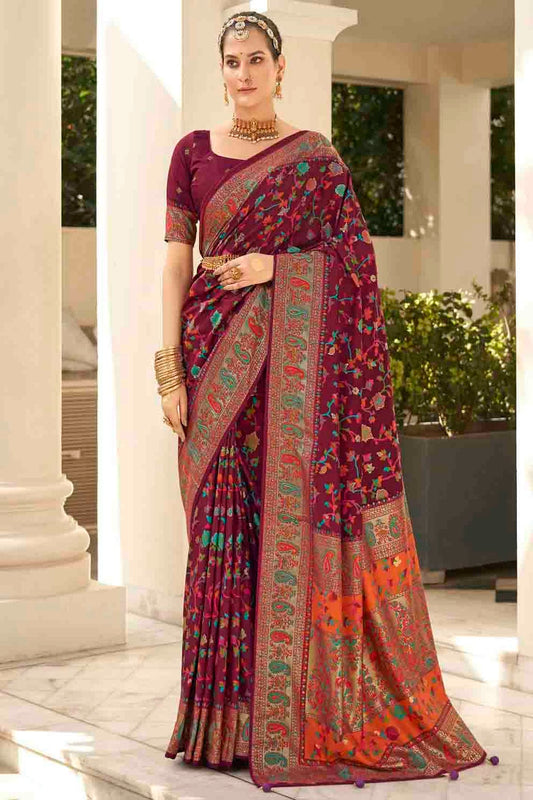 Wine Colour Velvet Tussar Silk Floral Printed Traditional Sarees VSSD1113755