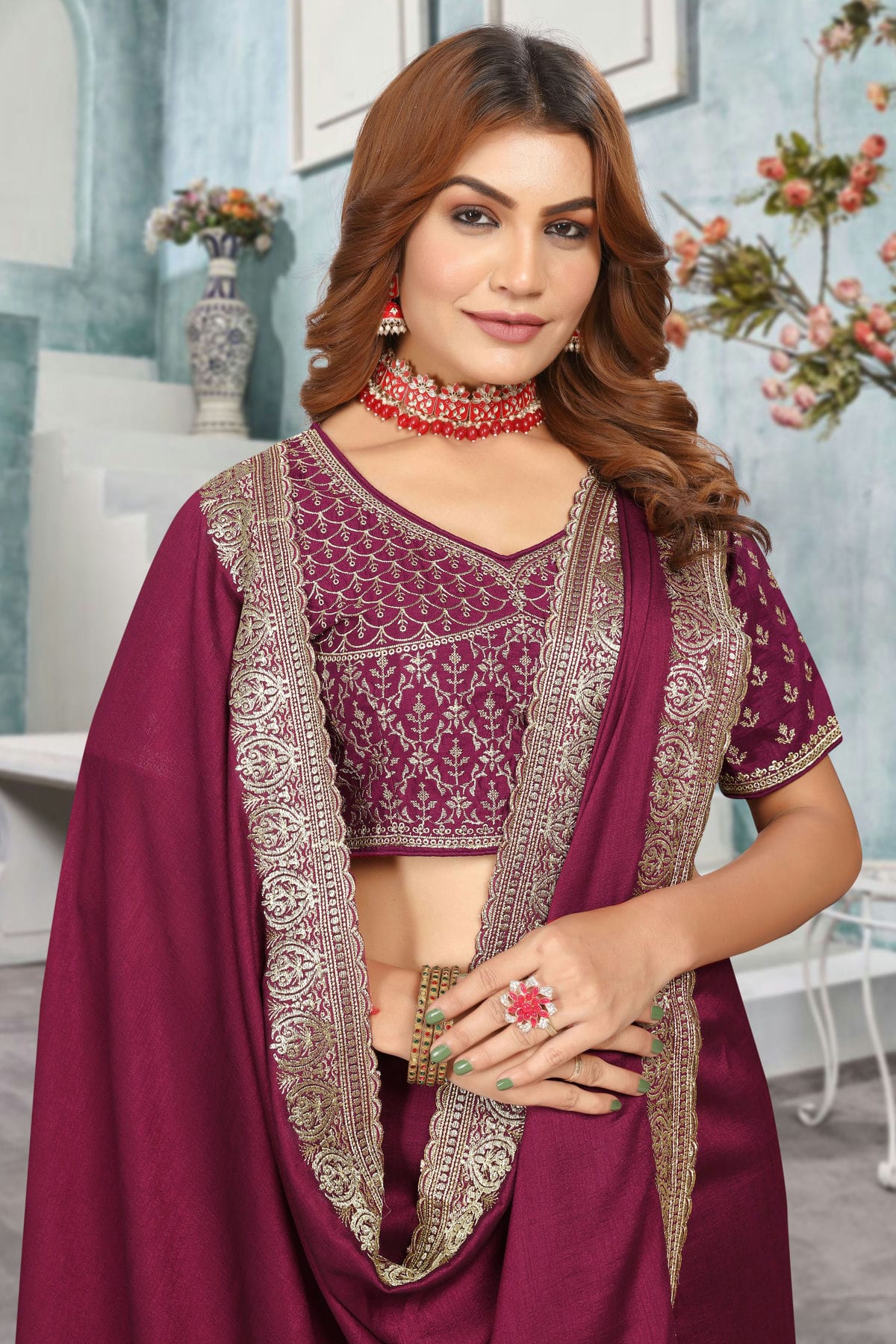 Wine Colour Vichitra Bloming Designer Saree