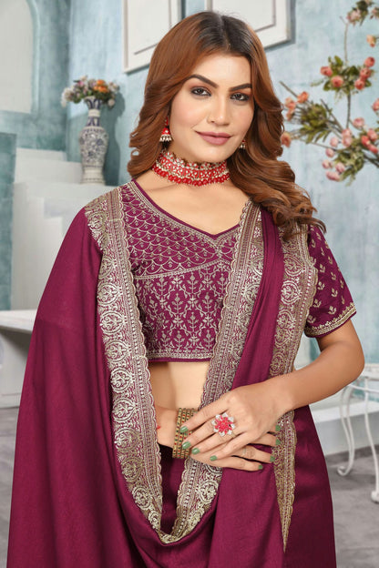 Wine Colour Vichitra Bloming Designer Saree