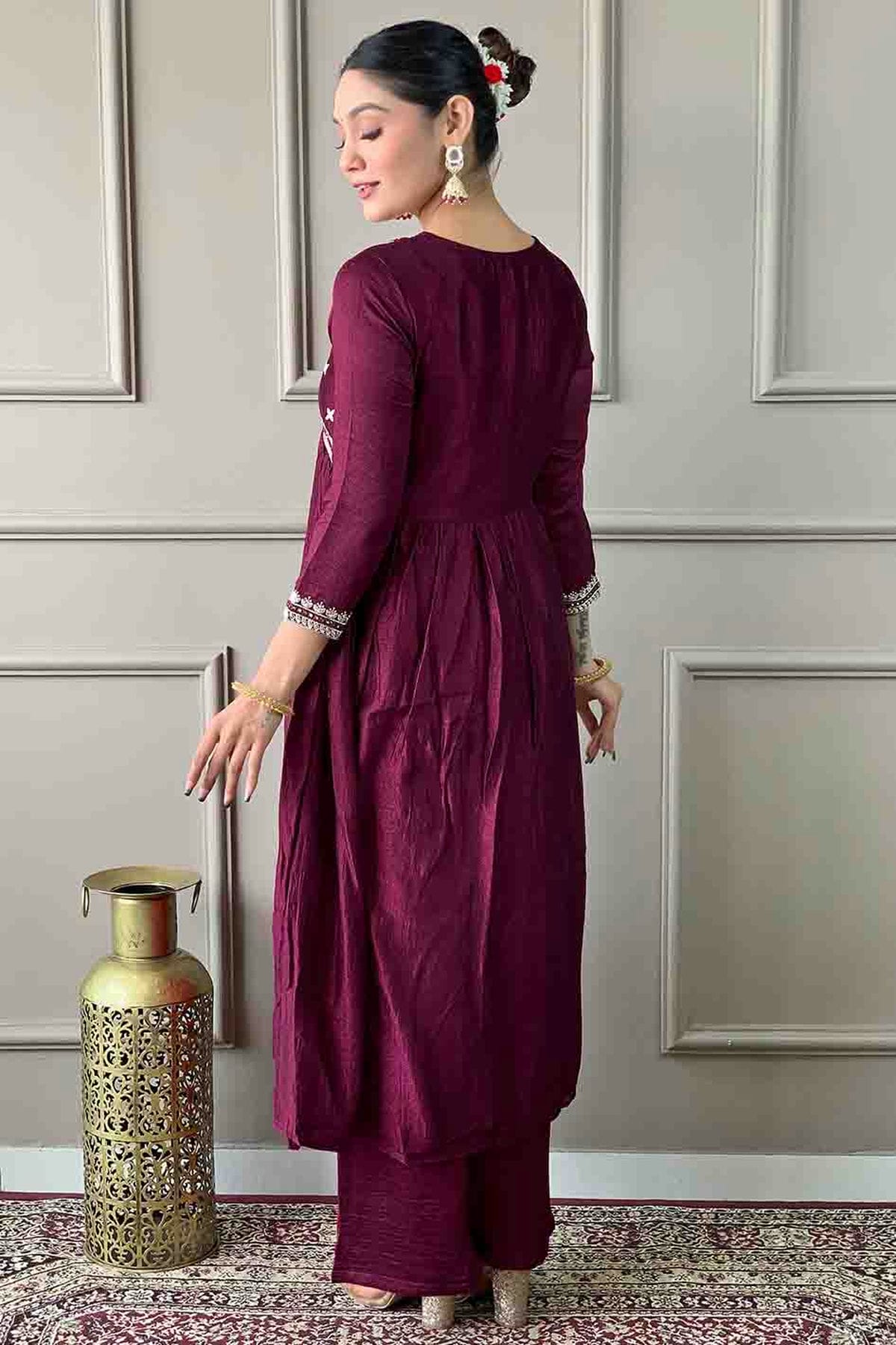 Wine Colour Vichitra Silk Stitched Pant Style Suit VSSS1113783