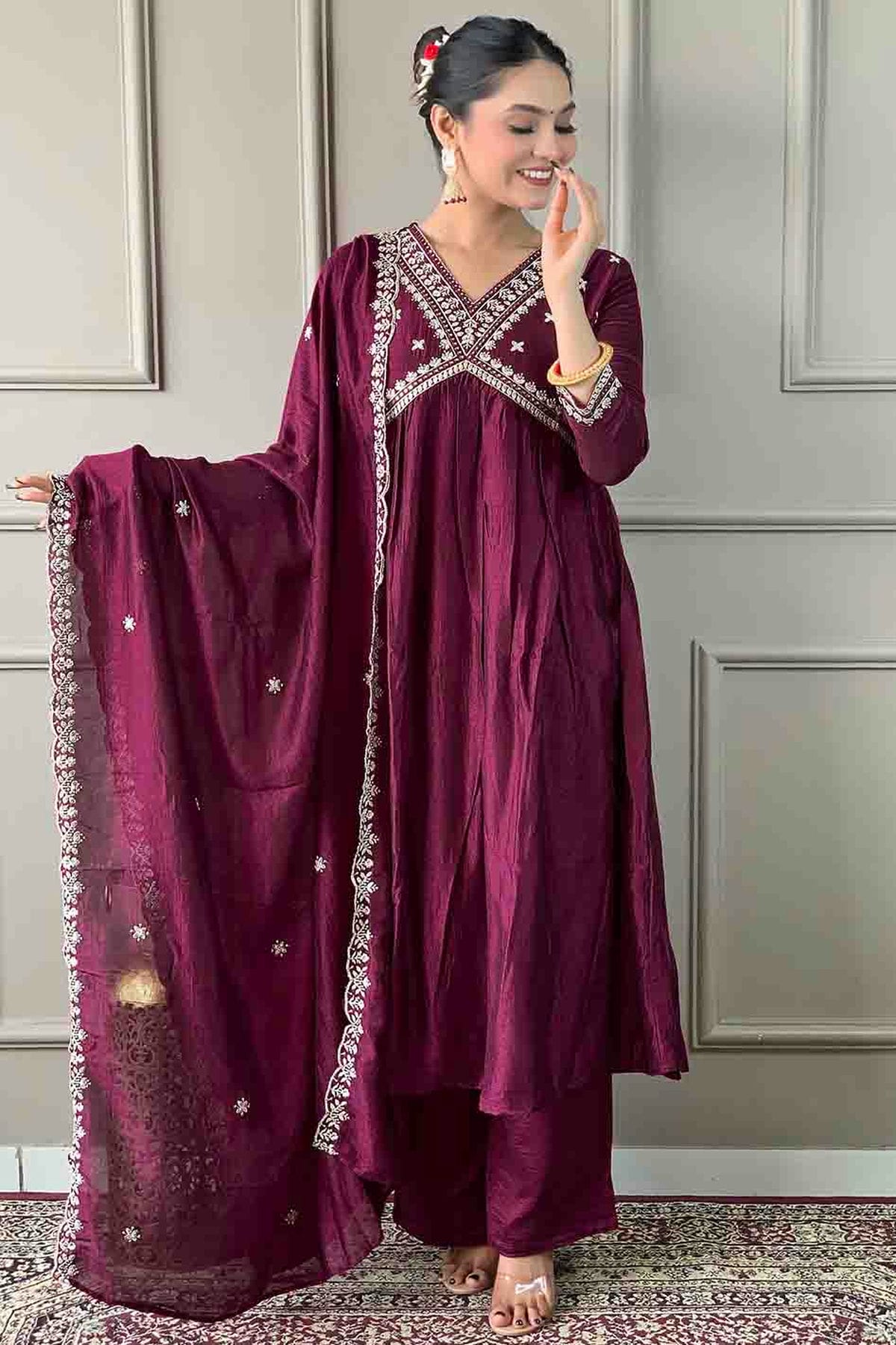 Wine Colour Vichitra Silk Stitched Pant Style Suit VSSS1113783