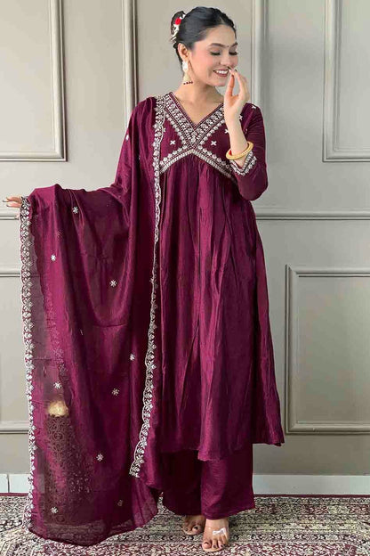 Wine Colour Vichitra Silk Stitched Pant Style Suit VSSS1113783