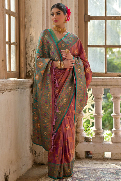 Wine Colour Woven Work Banarasi Silk Saree