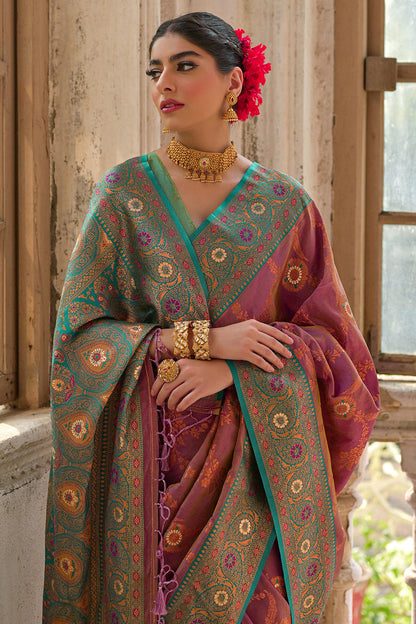 Wine Colour Woven Work Banarasi Silk Saree