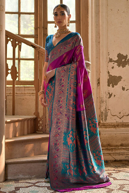 Wine Colour Woven Work Banarasi Silk Saree