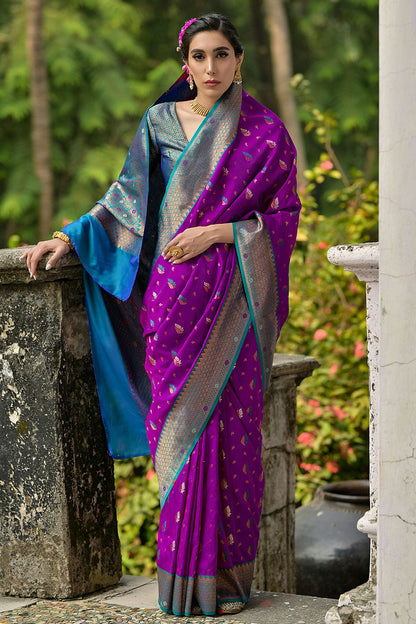 Wine Colour Woven Work Banarasi Silk Saree