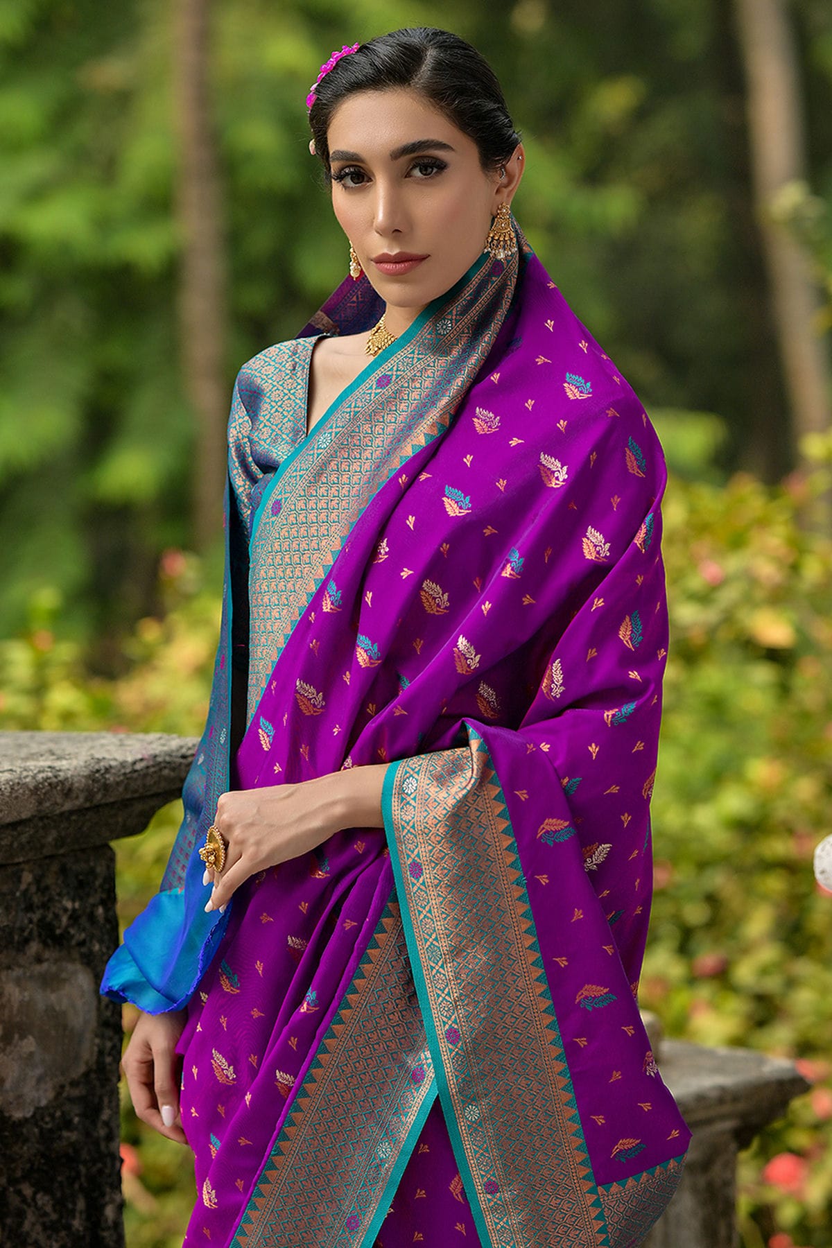 Wine Colour Woven Work Banarasi Silk Saree