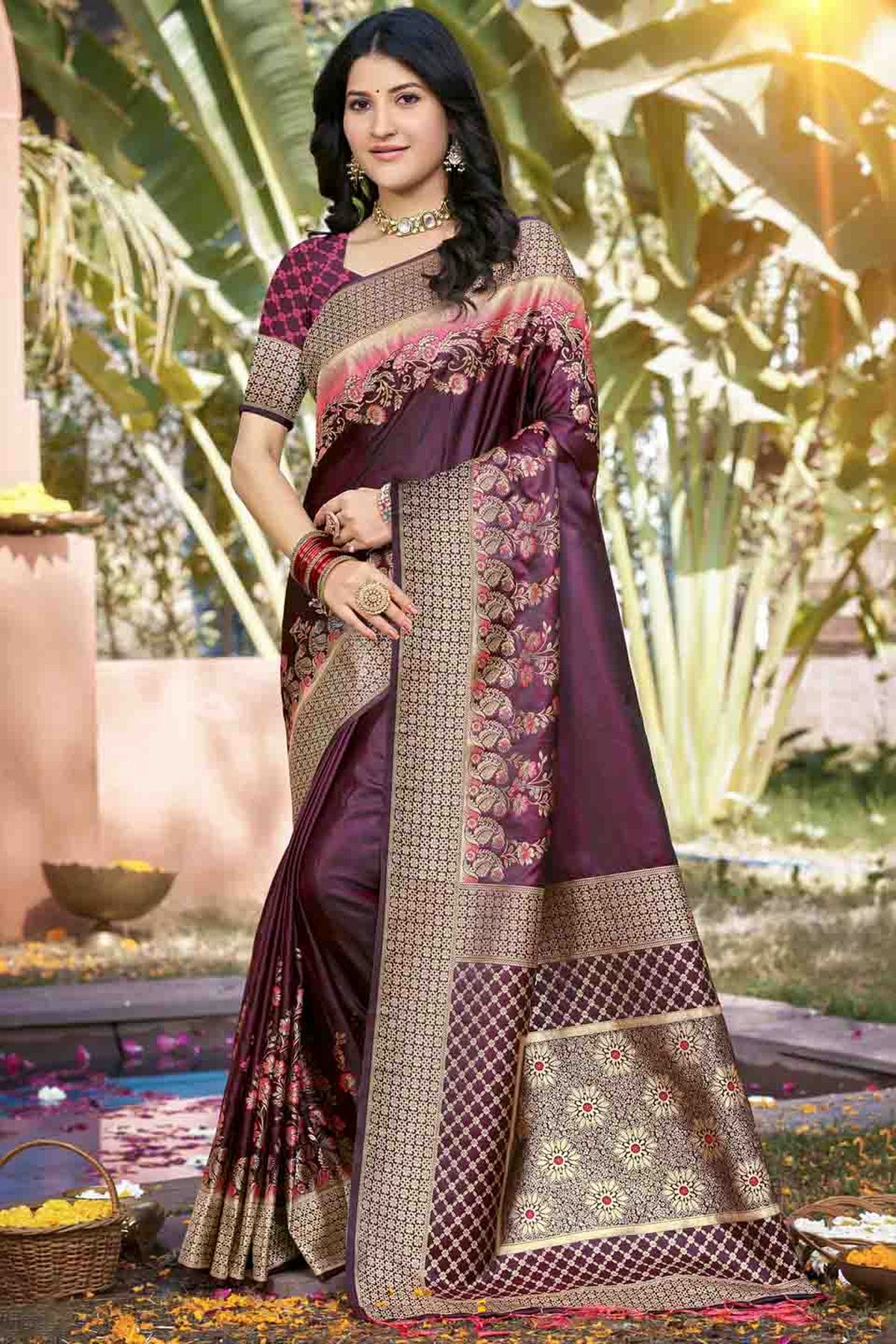 Wine Colour Woven Work Silk Traditional Saree VSSD1103510