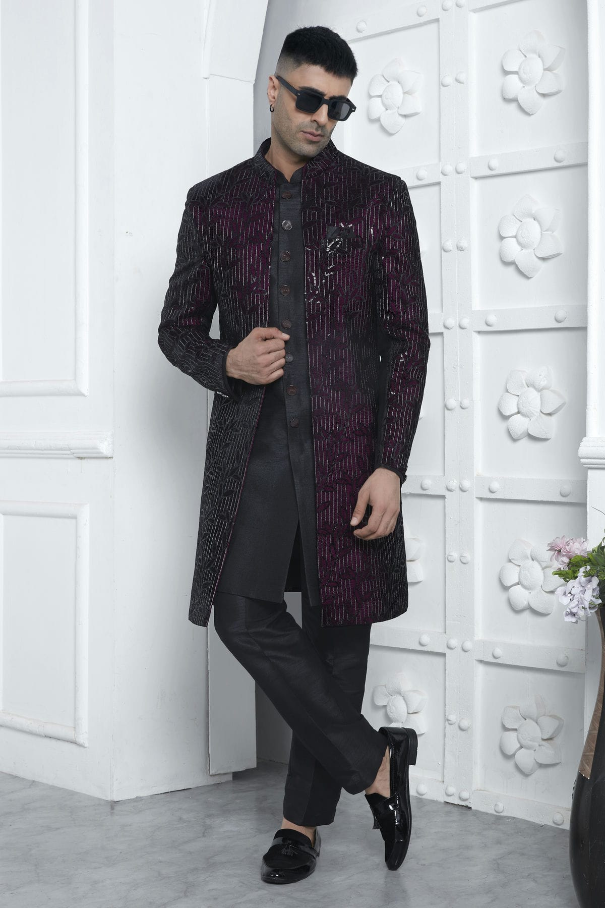 Wine and Black Colour Velvet Silk Indowestern Sherwani With Aligadhi Pant VSSH1230014