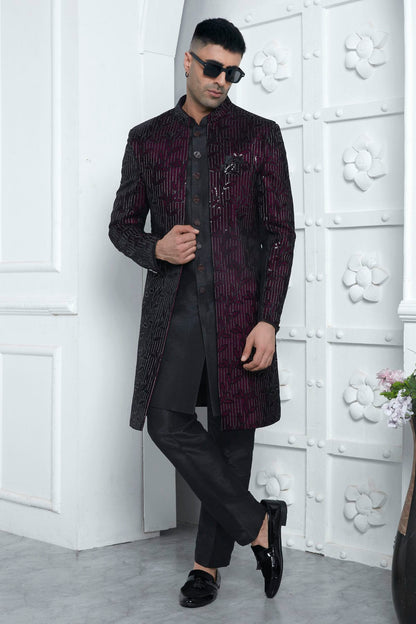 Wine and Black Colour Velvet Silk Indowestern Sherwani With Aligadhi Pant VSSH1230014