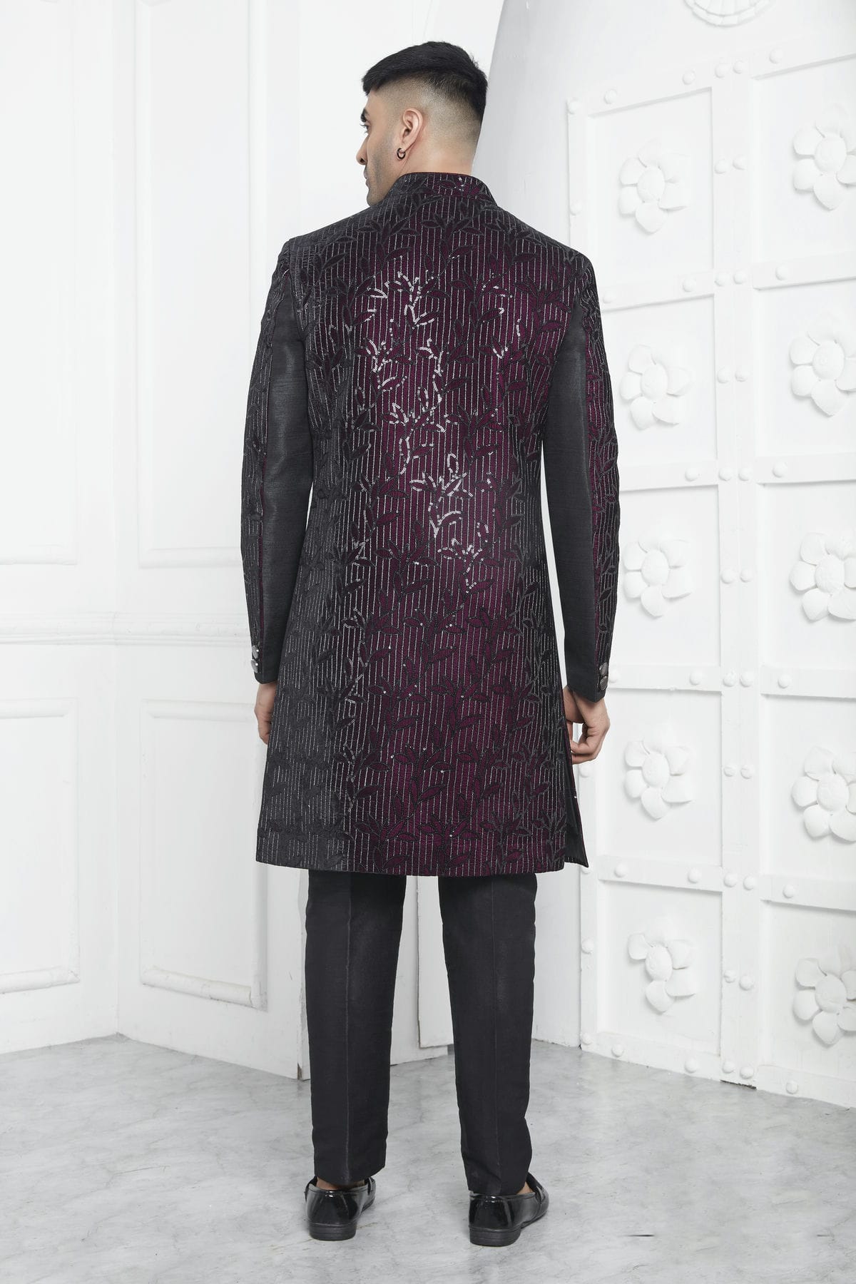 Wine and Black Colour Velvet Silk Indowestern Sherwani With Aligadhi Pant VSSH1230014