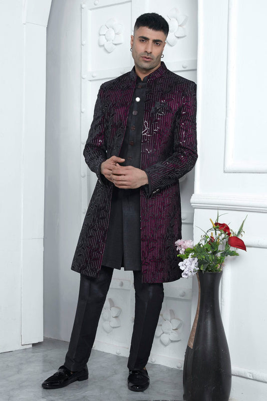 Wine and Black Colour Velvet Silk Indowestern Sherwani With Aligadhi Pant